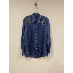 Carolina K Shirt Womens Medium Blue Western Embroidered Floral Snap Front Piped